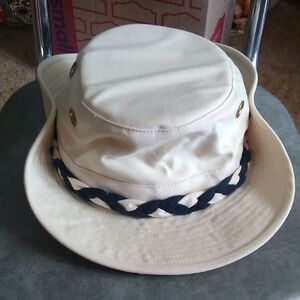 Tilley Cream Bucket Hat 7 5/8 (24 inches) with Navy Braided Band